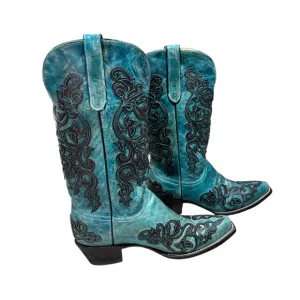 Ferrini Women's New Country Diva Teal Distressed V Toe Western Boots 9B