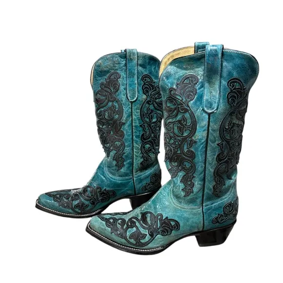 Ferrini Women's New Country Diva Teal Distressed V Toe Western Boots 9B
