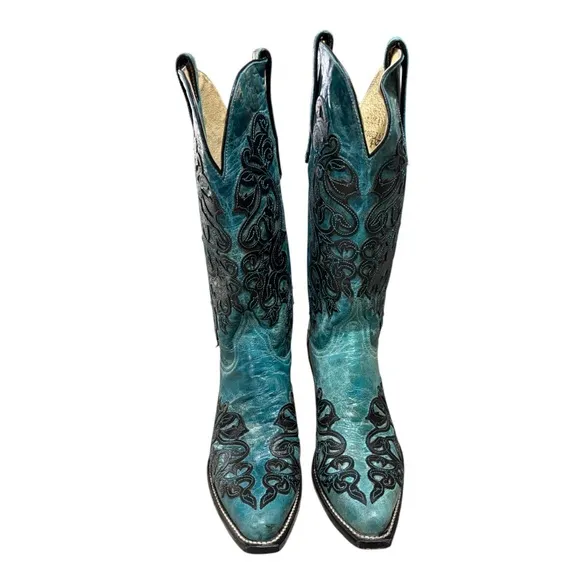 Ferrini Women's New Country Diva Teal Distressed V Toe Western Boots 9B