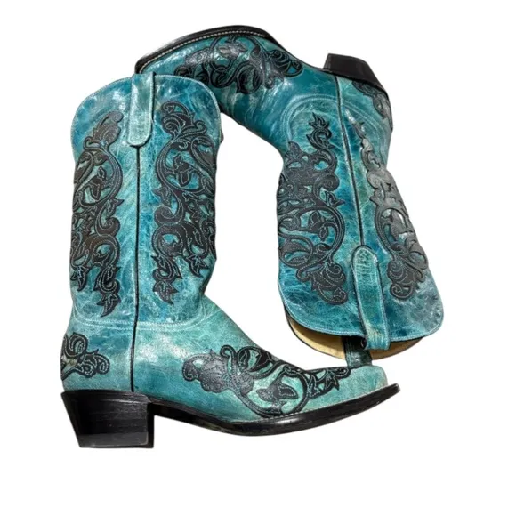 Ferrini Women's New Country Diva Teal Distressed V Toe Western Boots 9B