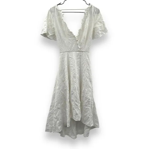 Finders Keepers Sundays White Eyelet Surplice V Neck Open Back‎ Midi Dress Sz 4