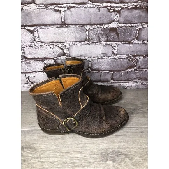 Fiorentini   Baker Brown Leather Side Zip Buckle Ankle Boots Women 37EU/6.5M US