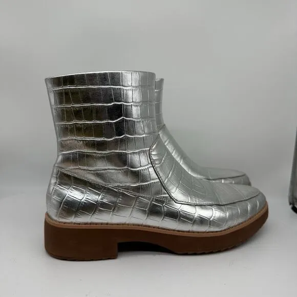 Fitflop Kinbey Croc Embossed Ankle Metallic Silver Boot Shoes Womens Size 6
