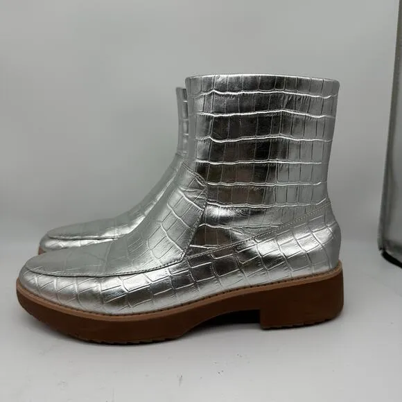 Fitflop Kinbey Croc Embossed Ankle Metallic Silver Boot Shoes Womens Size 6