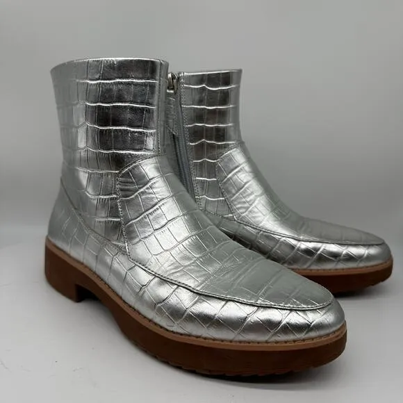 Fitflop Kinbey Croc Embossed Ankle Metallic Silver Boot Shoes Womens Size 6