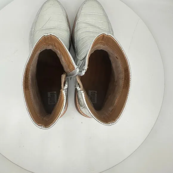Fitflop Kinbey Croc Embossed Ankle Metallic Silver Boot Shoes Womens Size 6