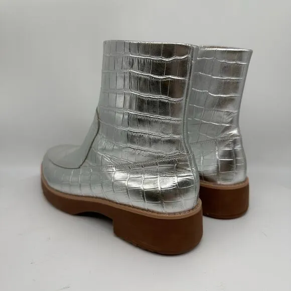 Fitflop Kinbey Croc Embossed Ankle Metallic Silver Boot Shoes Womens Size 6