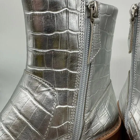 Fitflop Kinbey Croc Embossed Ankle Metallic Silver Boot Shoes Womens Size 6