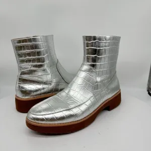 Fitflop Kinbey Croc Embossed Ankle Metallic Silver Boot Shoes Womens Size 6