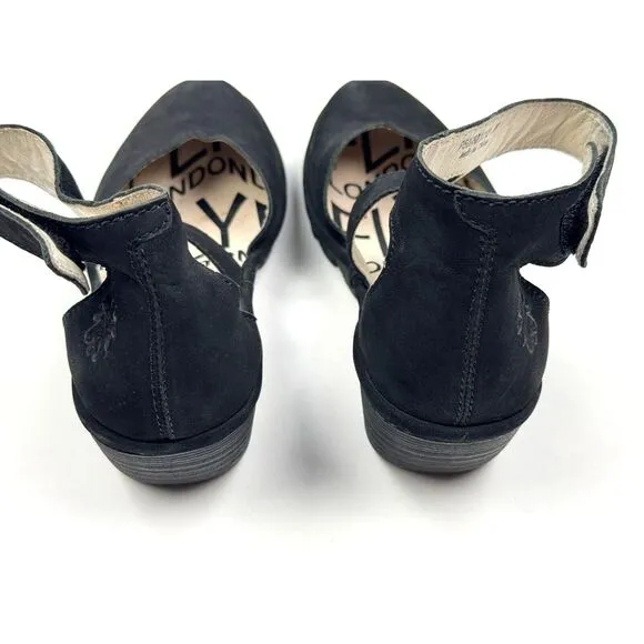 FLY‎ LONDON Piat Ankle Strap Sandals Women 38 US 7.5-8 Suede Wedge Comfort Black