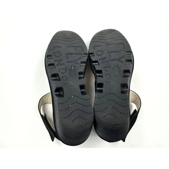 FLY‎ LONDON Piat Ankle Strap Sandals Women 38 US 7.5-8 Suede Wedge Comfort Black