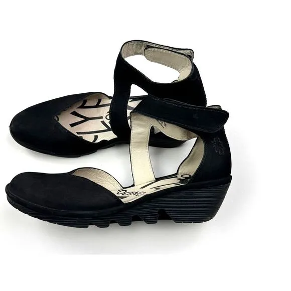 FLY‎ LONDON Piat Ankle Strap Sandals Women 38 US 7.5-8 Suede Wedge Comfort Black