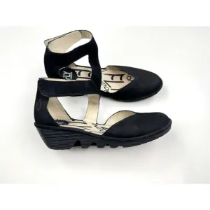FLY‎ LONDON Piat Ankle Strap Sandals Women 38 US 7.5-8 Suede Wedge Comfort Black