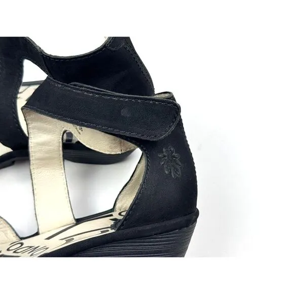 FLY‎ LONDON Piat Ankle Strap Sandals Women 38 US 7.5-8 Suede Wedge Comfort Black