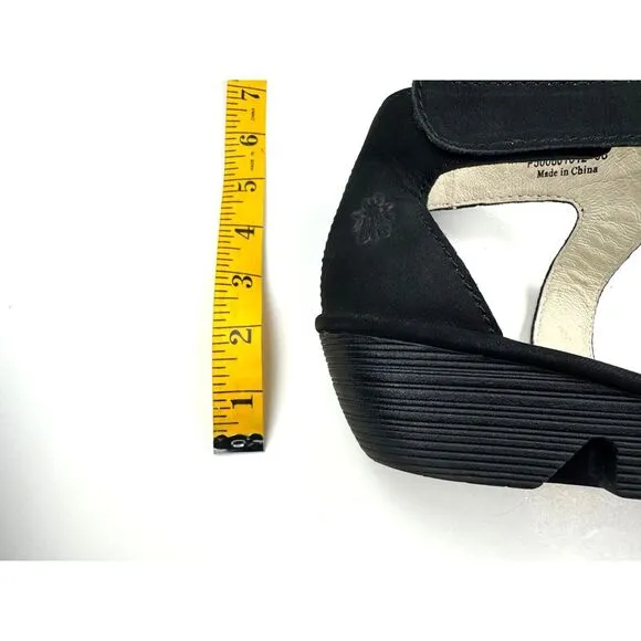 FLY‎ LONDON Piat Ankle Strap Sandals Women 38 US 7.5-8 Suede Wedge Comfort Black