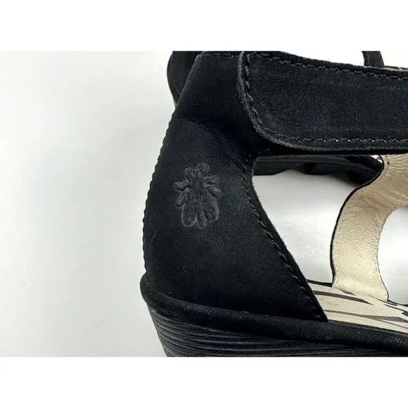 FLY‎ LONDON Piat Ankle Strap Sandals Women 38 US 7.5-8 Suede Wedge Comfort Black