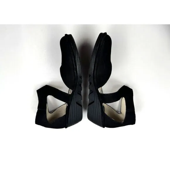 FLY‎ LONDON Piat Ankle Strap Sandals Women 38 US 7.5-8 Suede Wedge Comfort Black