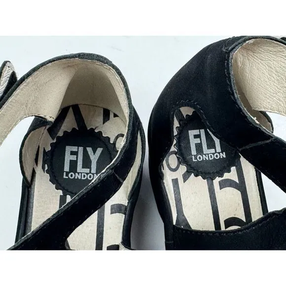 FLY‎ LONDON Piat Ankle Strap Sandals Women 38 US 7.5-8 Suede Wedge Comfort Black