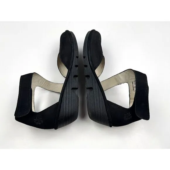 FLY‎ LONDON Piat Ankle Strap Sandals Women 38 US 7.5-8 Suede Wedge Comfort Black