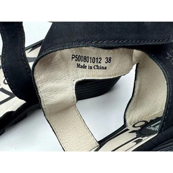 FLY‎ LONDON Piat Ankle Strap Sandals Women 38 US 7.5-8 Suede Wedge Comfort Black