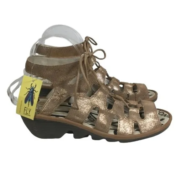 FLY LONDON Sandal SZ 41 10 Port813Fly Bronze Metallic Leather Lace Up Wedge NEW
