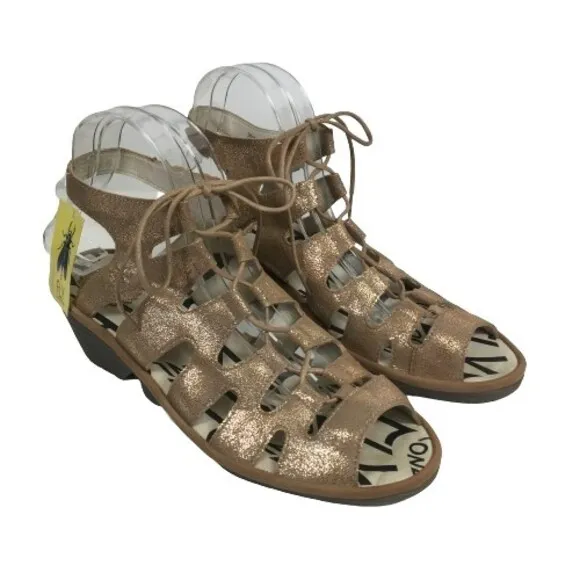 FLY LONDON Sandal SZ 41 10 Port813Fly Bronze Metallic Leather Lace Up Wedge NEW