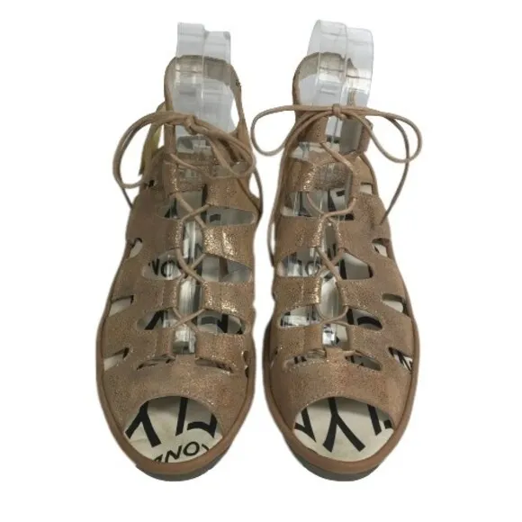 FLY LONDON Sandal SZ 41 10 Port813Fly Bronze Metallic Leather Lace Up Wedge NEW