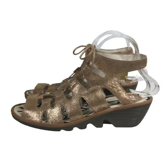 FLY LONDON Sandal SZ 41 10 Port813Fly Bronze Metallic Leather Lace Up Wedge NEW