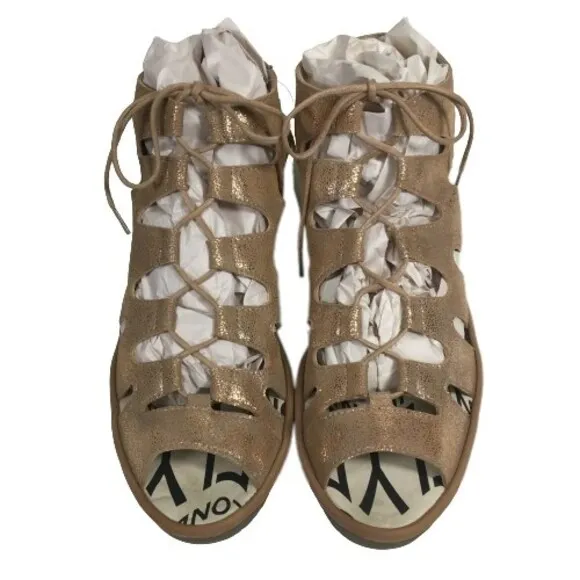FLY LONDON Sandal SZ 41 10 Port813Fly Bronze Metallic Leather Lace Up Wedge NEW