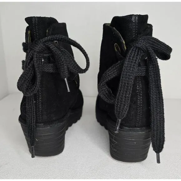 Fly London Yama Suede Lace Up Wedge Ankle Boots Black Women EU 39 US 8-8.5