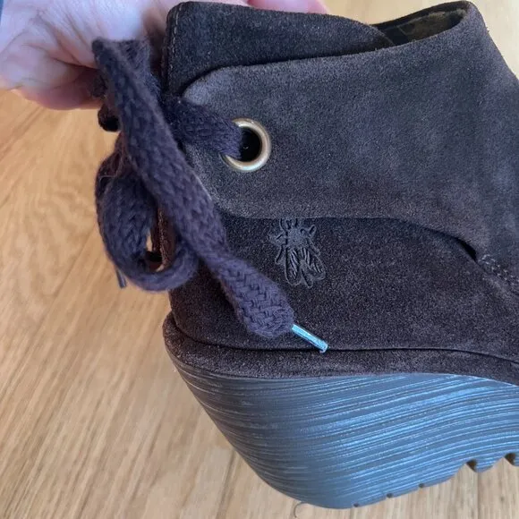 Fly London Yebi Brown Suede Ankle Tie Wedge Ankle Boots Women's Size 39