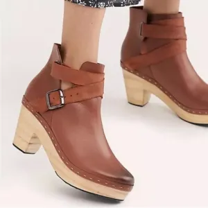 Free People Brown Bungalow Wooden Clog Strappy Boots Booties Women’s Size 41/10