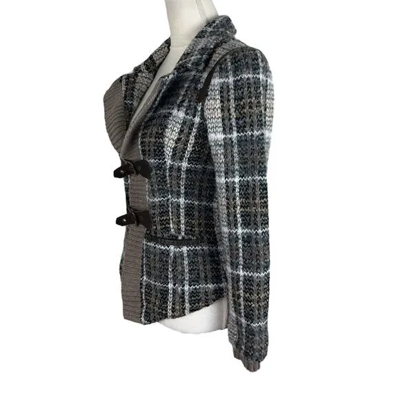 Free People Brown Gray Plaid Shaggy Jacket Knit Cardigan Buckle Closure Size 6