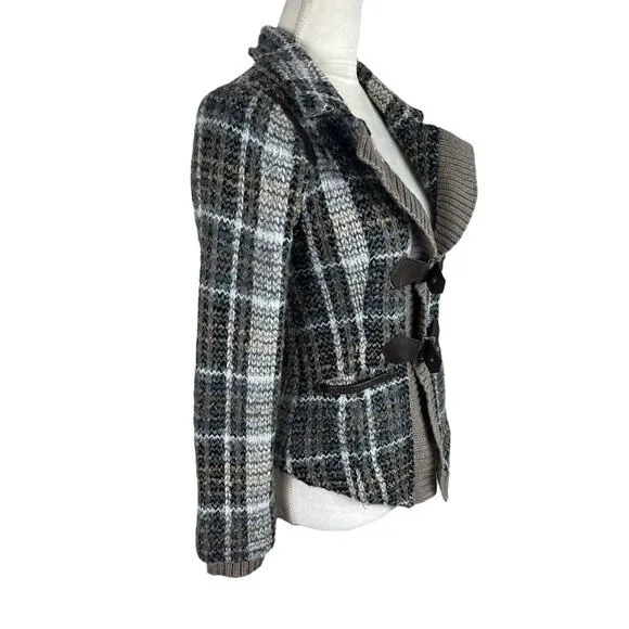Free People Brown Gray Plaid Shaggy Jacket Knit Cardigan Buckle Closure Size 6