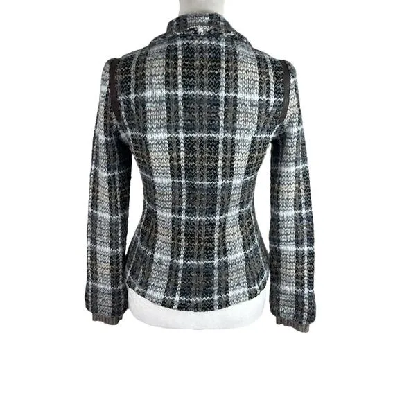 Free People Brown Gray Plaid Shaggy Jacket Knit Cardigan Buckle Closure Size 6