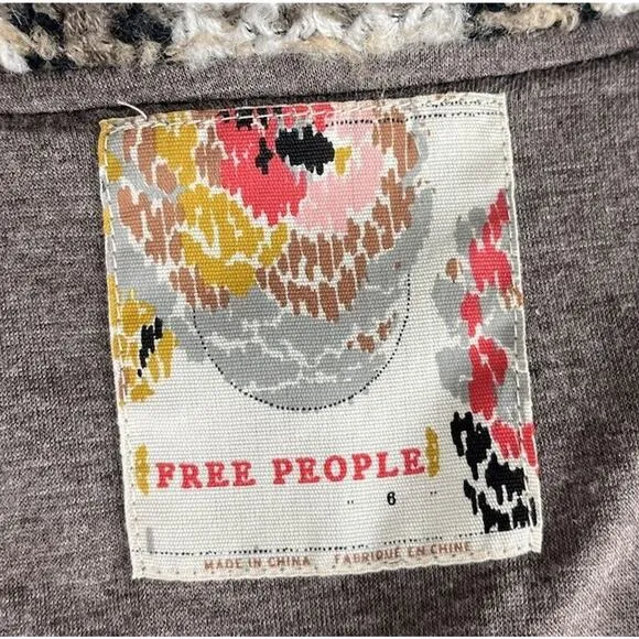 Free People Brown Gray Plaid Shaggy Jacket Knit Cardigan Buckle Closure Size 6
