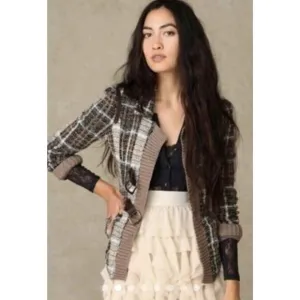 Free People Brown Gray Plaid Shaggy Jacket Knit Cardigan Buckle Closure Size 6