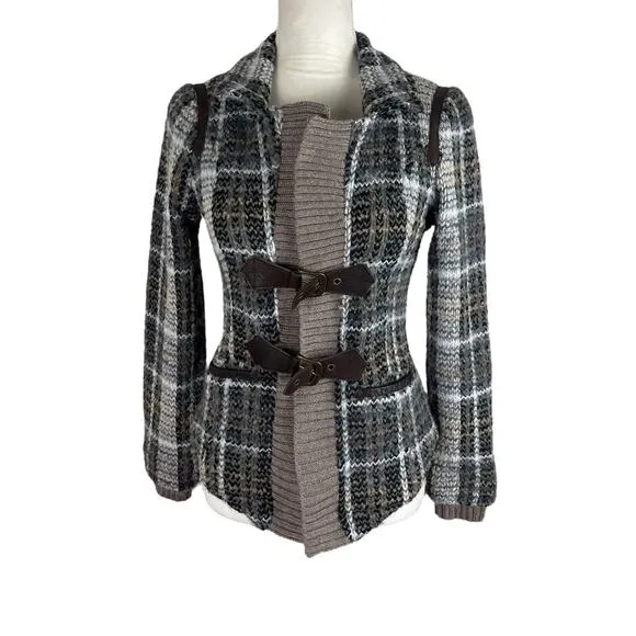 Free People Brown Gray Plaid Shaggy Jacket Knit Cardigan Buckle Closure Size 6