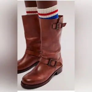 Free People Cognac Leather Buckle Boots NIB