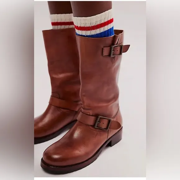 Free People Cognac Leather Buckle Boots NIB