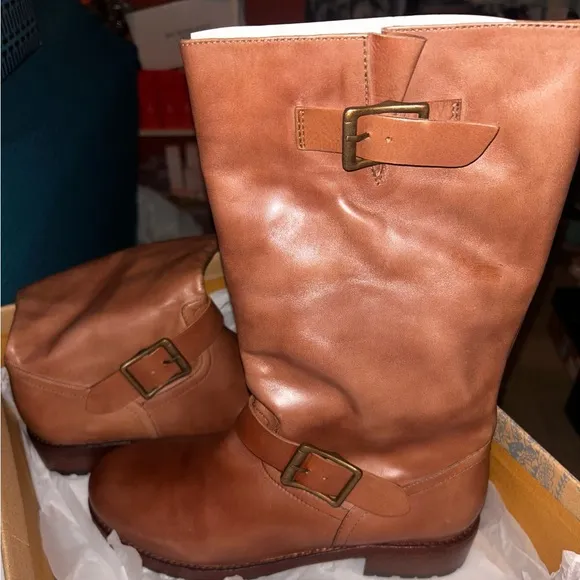 Free People Cognac Leather Buckle Boots NIB