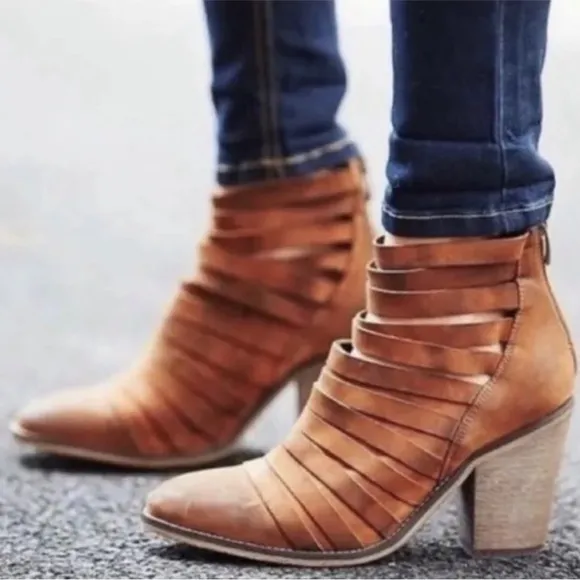 Free People Strappy Hybrid Suede boho distressed ankle booties in Brown size 6.5