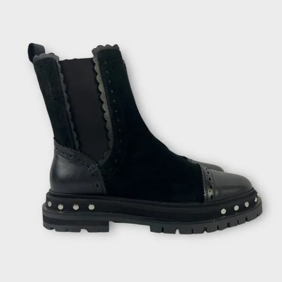 Free People Tate Black Suede Leather Studded Cap Toe Chelsea Boots Size 8