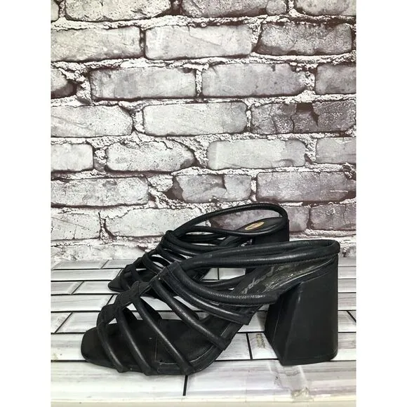 Free People Black Leather Cuban Heel Cage Strappy Sandals Women’s 37.5M US/7M US