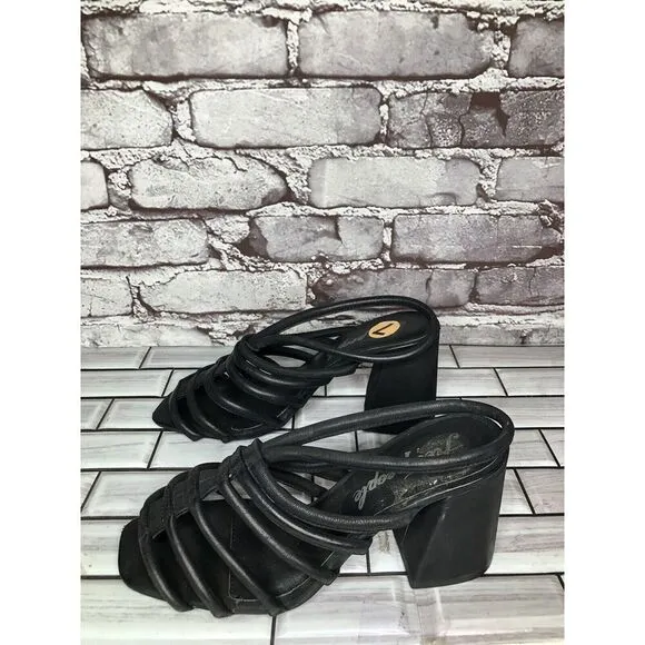 Free People Black Leather Cuban Heel Cage Strappy Sandals Women’s 37.5M US/7M US