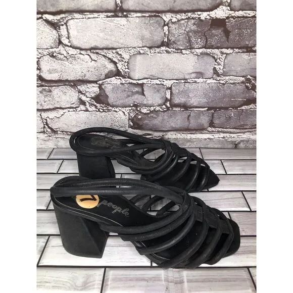 Free People Black Leather Cuban Heel Cage Strappy Sandals Women’s 37.5M US/7M US