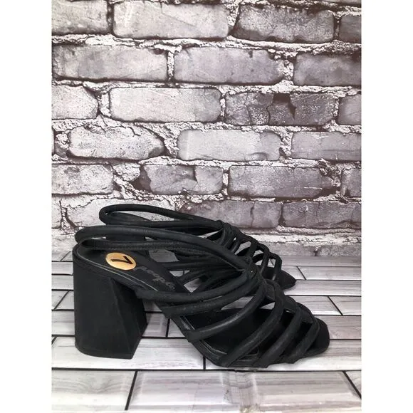 Free People Black Leather Cuban Heel Cage Strappy Sandals Women’s 37.5M US/7M US