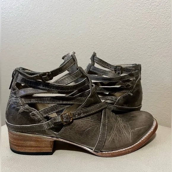 Freebird By Steven Stair Gray  Distressed Leather Strappy Ankle Boots Size 9