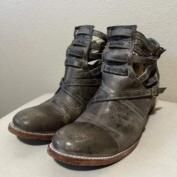 Freebird By Steven Stair Gray  Distressed Leather Strappy Ankle Boots Size 9