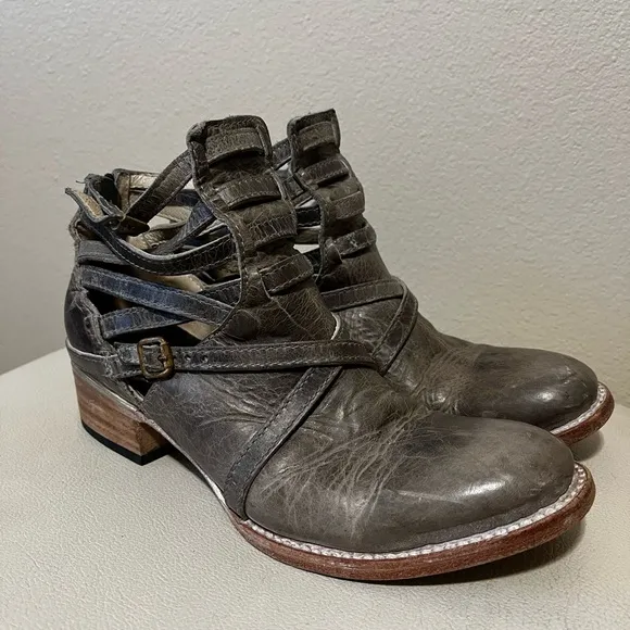 Freebird By Steven Stair Gray  Distressed Leather Strappy Ankle Boots Size 9